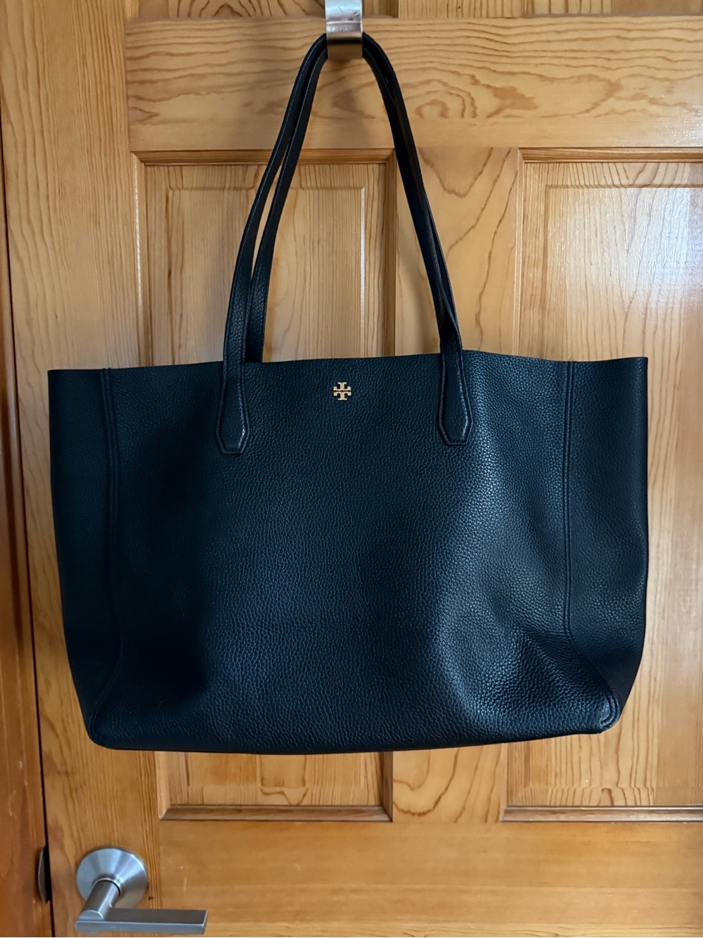Tory Burch Black Pebbled Leather Tote with Gold Logo